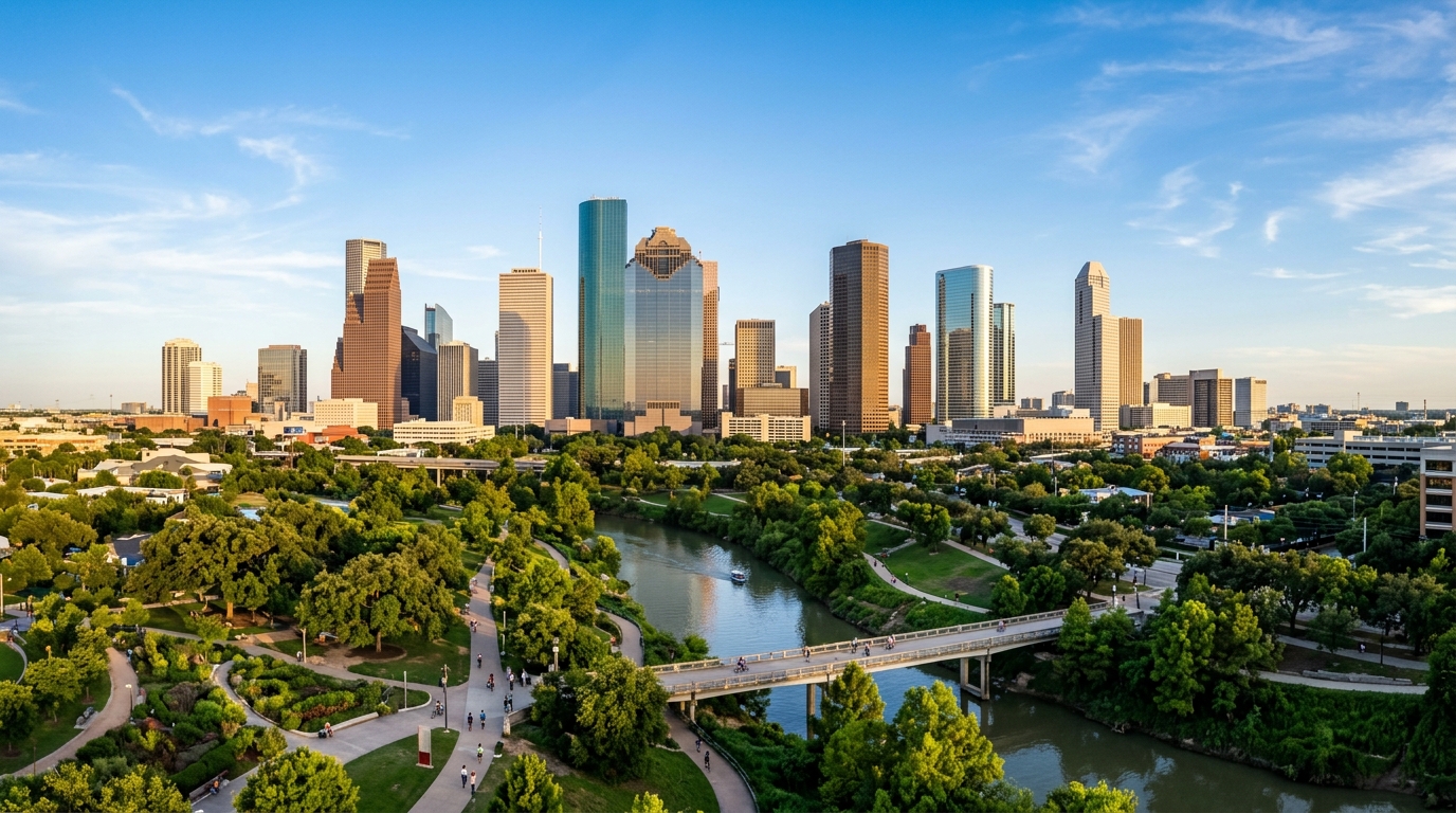 Panoramic View of Houston Texas Skyline and Buffalo Bayou